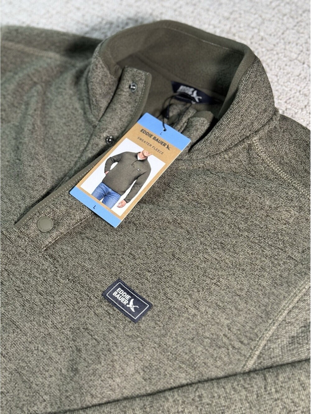 Eddie Bauer Fleece Sweater Mens L Heather Green Pocket Snap Placket Cozy NWT